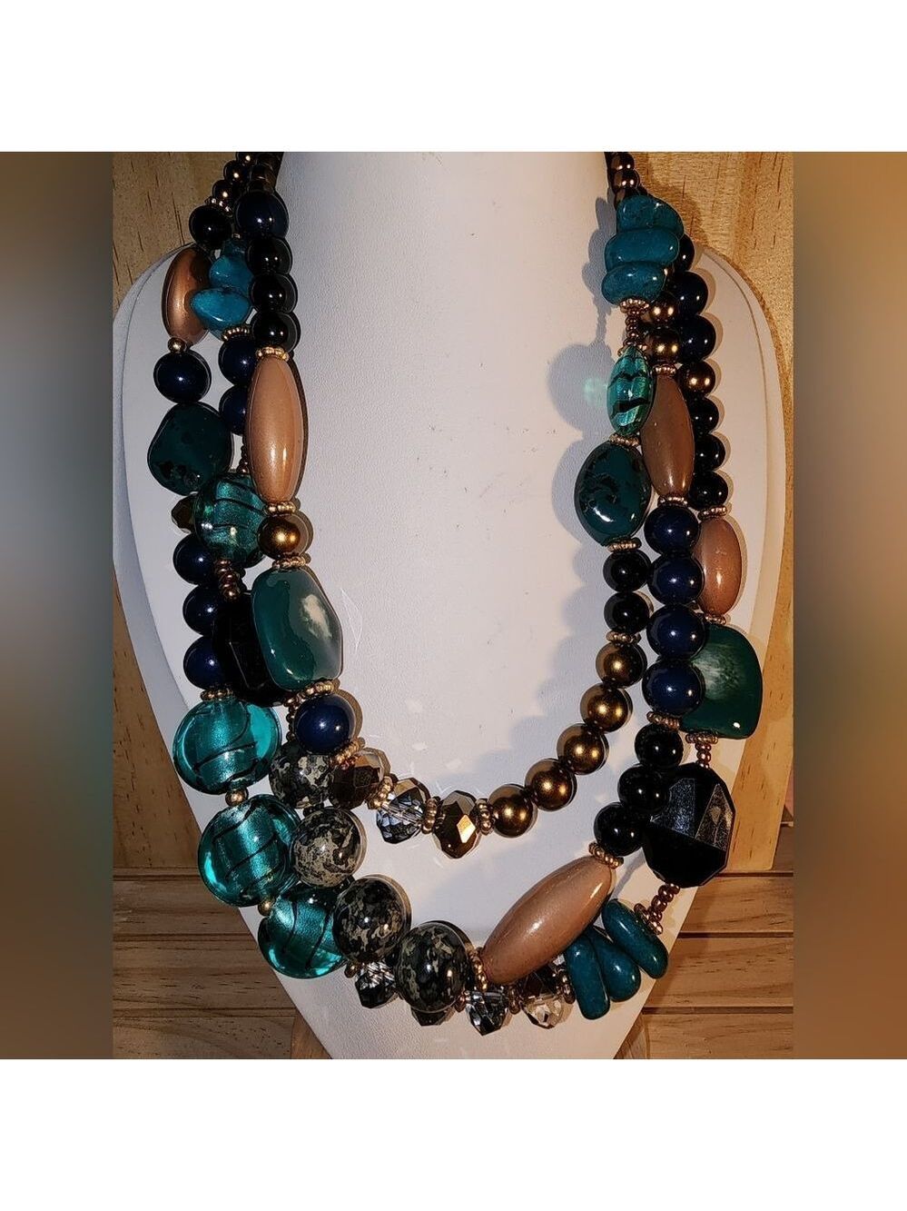 Vtg 3 Strand Multicolor Beaded Necklace Signed TS NWOT